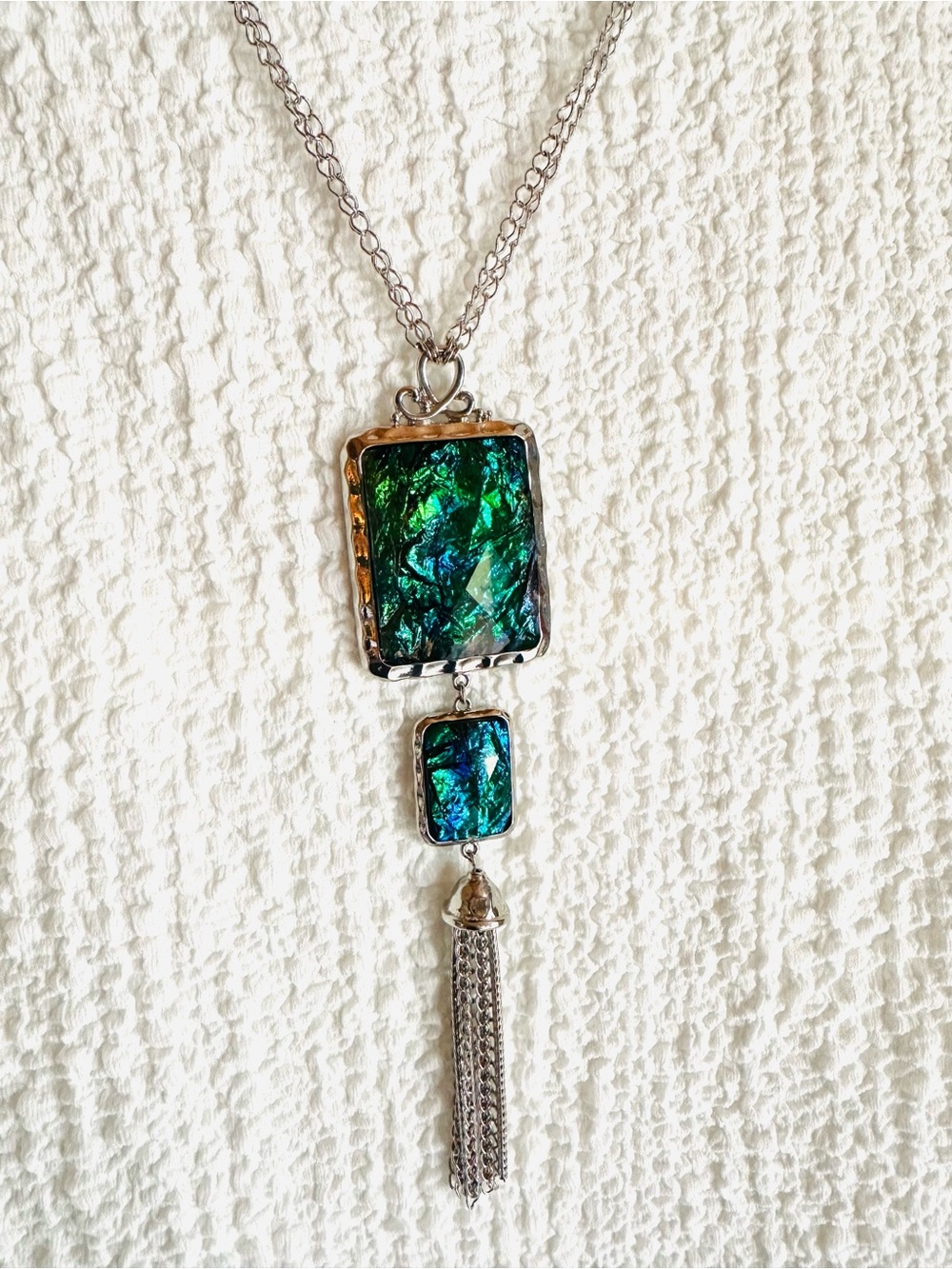 Necklace with Tassel and Two-Piece Emerald-Color Pendant